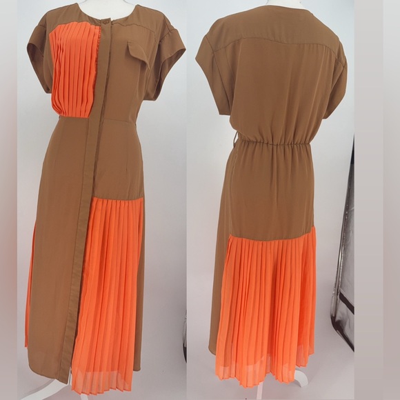 René Derhy camel and orange pleated dress – SizeL - Picture 1 of 10